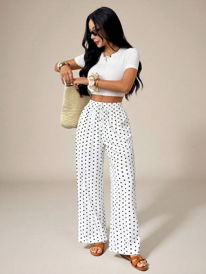 PETITE Women's Polka Dot Print Knotted Casual Loose Pants For Vacation, High-Waisted Wide-Leg Straight-Leg Trousers, Draped Autumn White And Black Beach