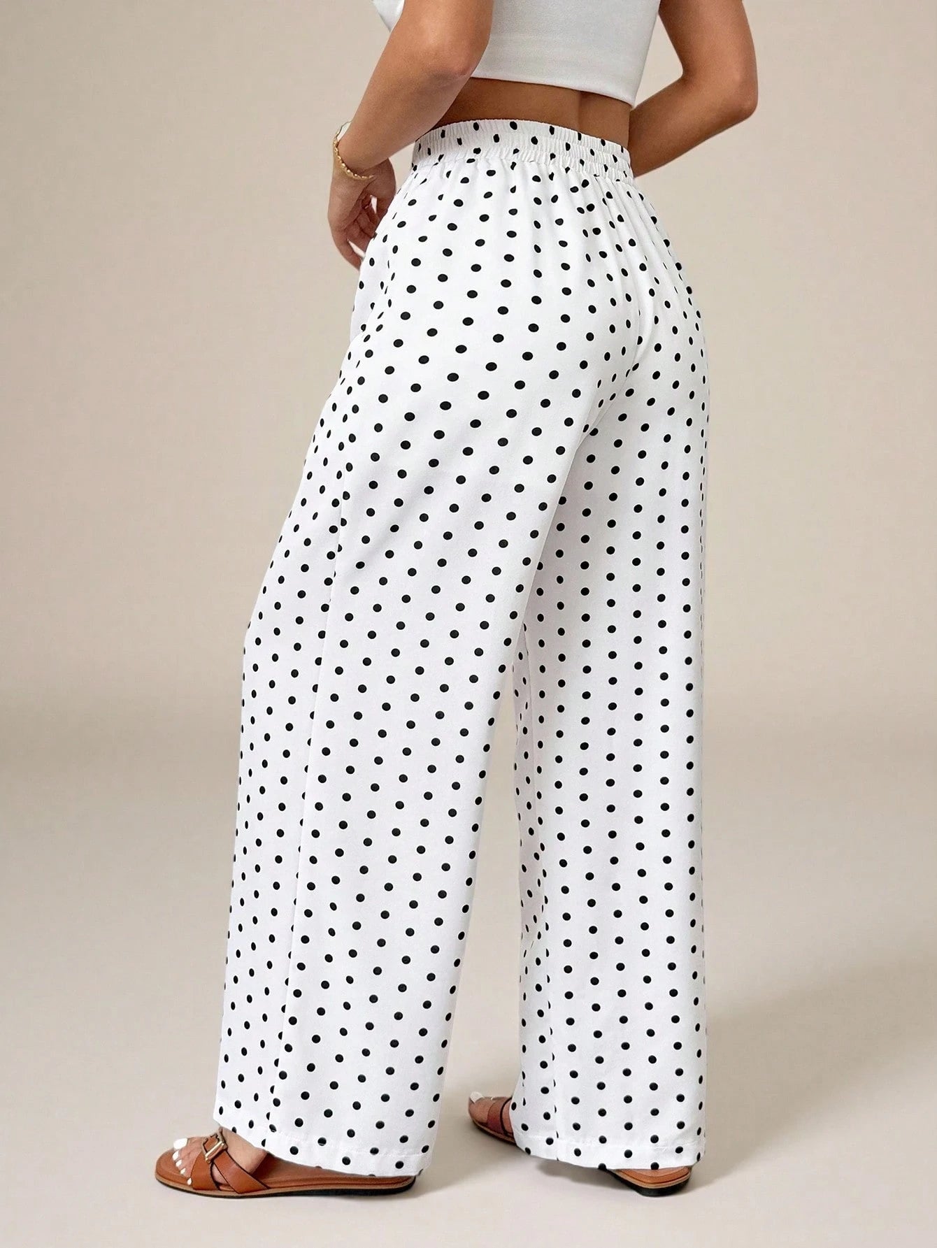 PETITE Women's Polka Dot Print Knotted Casual Loose Pants For Vacation, High-Waisted Wide-Leg Straight-Leg Trousers, Draped Autumn White And Black Beach