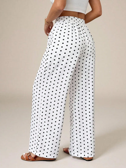PETITE Women's Polka Dot Print Knotted Casual Loose Pants For Vacation, High-Waisted Wide-Leg Straight-Leg Trousers, Draped Autumn White And Black Beach