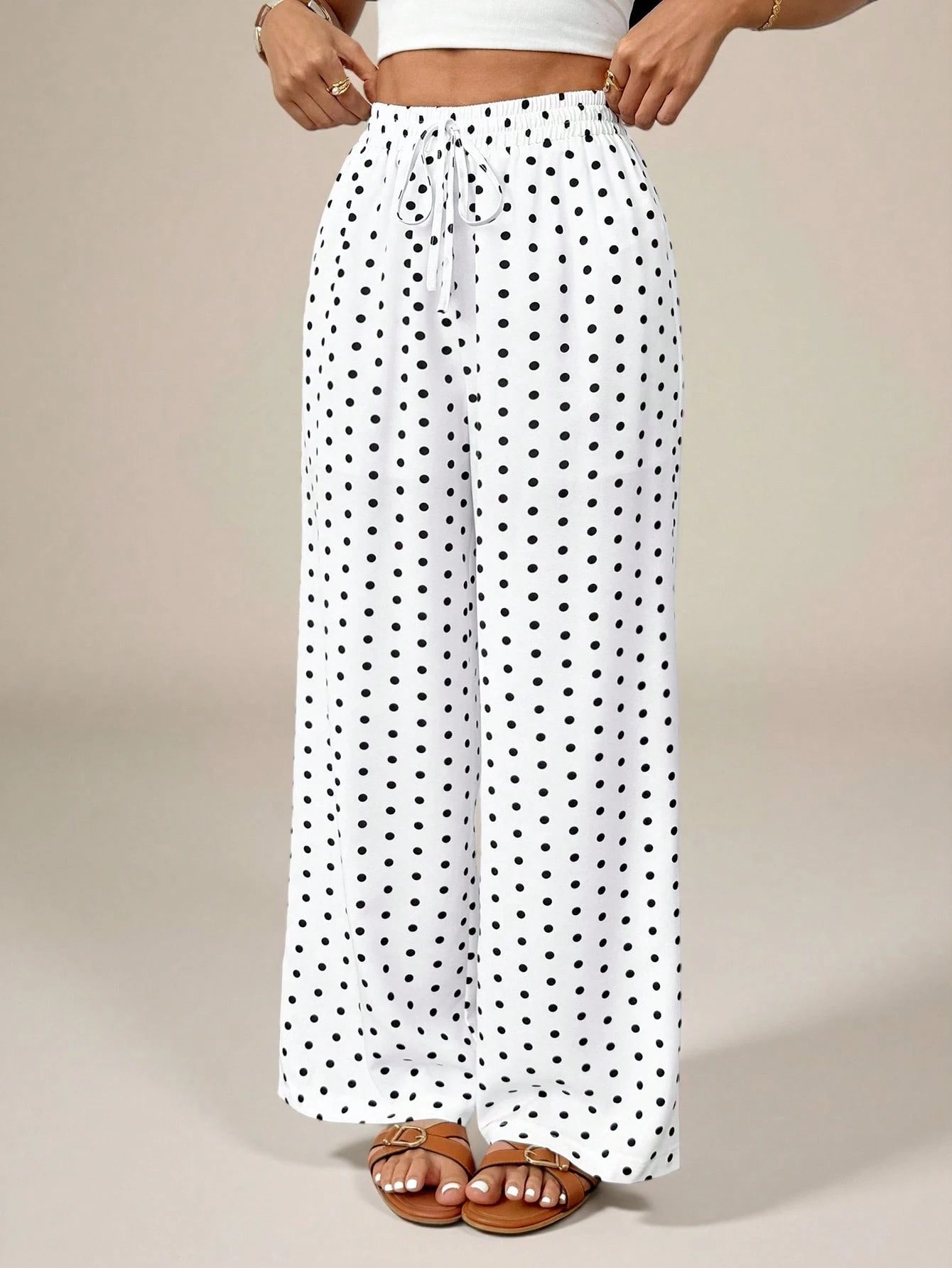 PETITE Women's Polka Dot Print Knotted Casual Loose Pants For Vacation, High-Waisted Wide-Leg Straight-Leg Trousers, Draped Autumn White And Black Beach