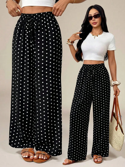 PETITE Women's Polka Dot Print Tie-Knot Casual Loose Pants, High Waist Wide Leg Draped Pants, Slim Fit, New Autumn Style, Picnic Vacation Beachwear Wear