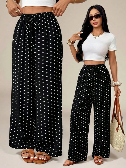 PETITE Women's Polka Dot Print Tie-Knot Casual Loose Pants, High Waist Wide Leg Draped Pants, Slim Fit, New Autumn Style, Picnic Vacation Beachwear Wear