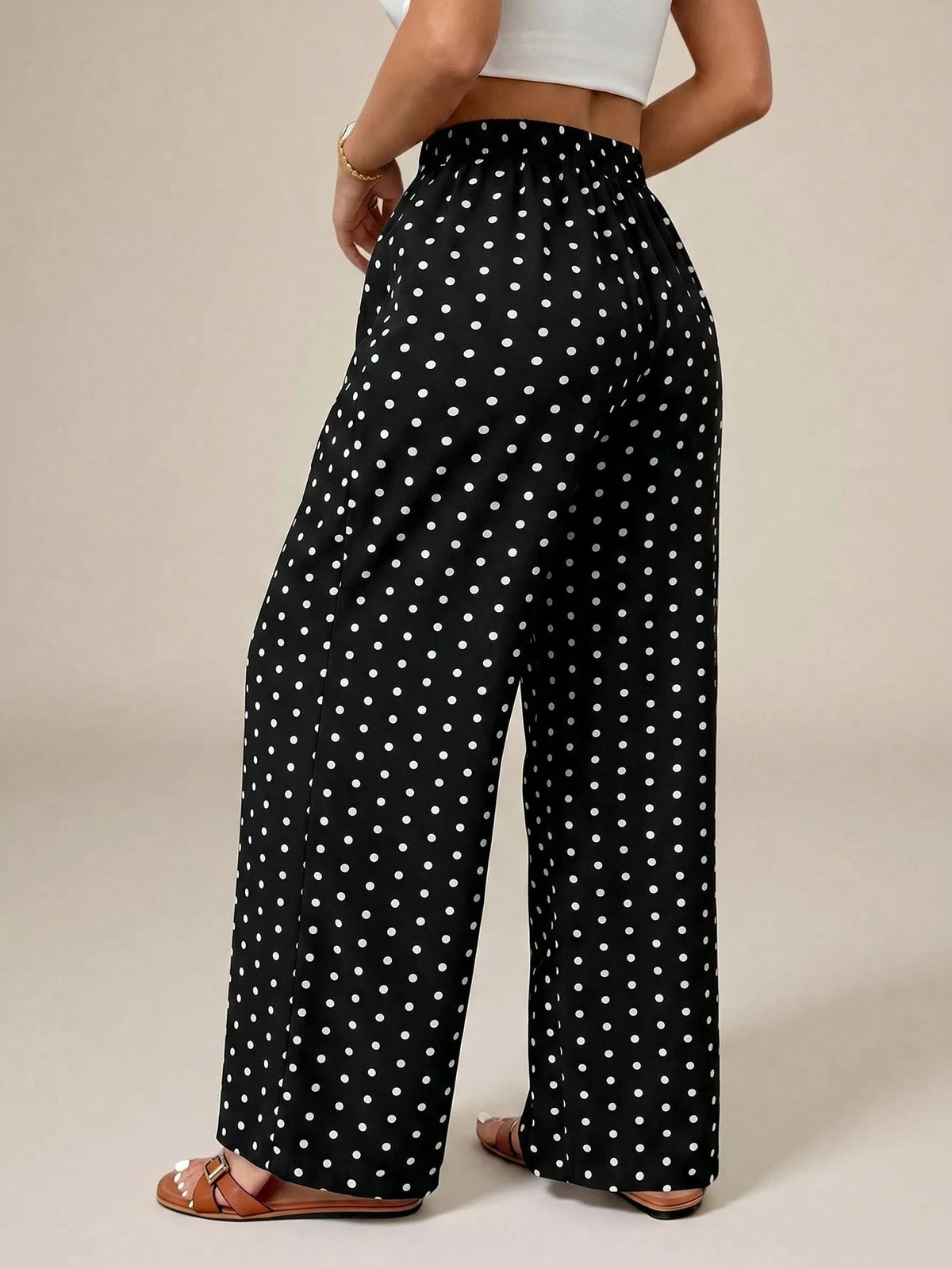 PETITE Women's Polka Dot Print Tie-Knot Casual Loose Pants, High Waist Wide Leg Draped Pants, Slim Fit, New Autumn Style, Picnic Vacation Beachwear Wear