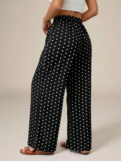 PETITE Women's Polka Dot Print Tie-Knot Casual Loose Pants, High Waist Wide Leg Draped Pants, Slim Fit, New Autumn Style, Picnic Vacation Beachwear Wear