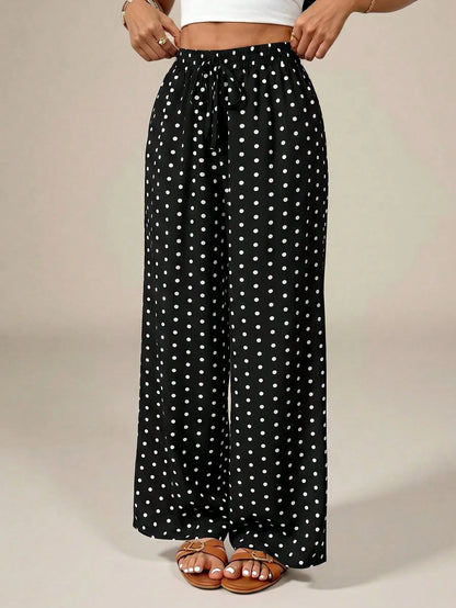 PETITE Women's Polka Dot Print Tie-Knot Casual Loose Pants, High Waist Wide Leg Draped Pants, Slim Fit, New Autumn Style, Picnic Vacation Beachwear Wear