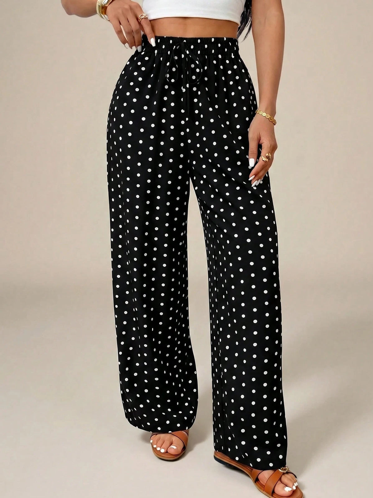 PETITE Women's Polka Dot Print Tie-Knot Casual Loose Pants, High Waist Wide Leg Draped Pants, Slim Fit, New Autumn Style, Picnic Vacation Beachwear Wear
