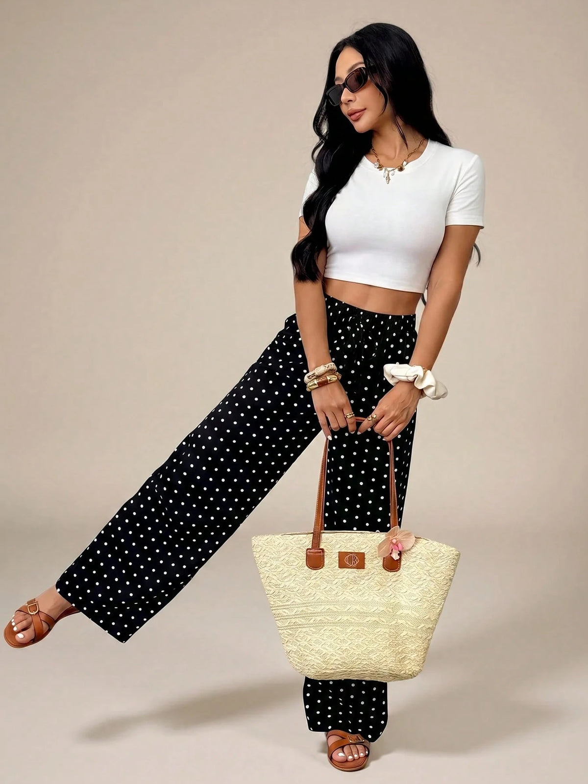 PETITE Women's Polka Dot Print Tie-Knot Casual Loose Pants, High Waist Wide Leg Draped Pants, Slim Fit, New Autumn Style, Picnic Vacation Beachwear Wear