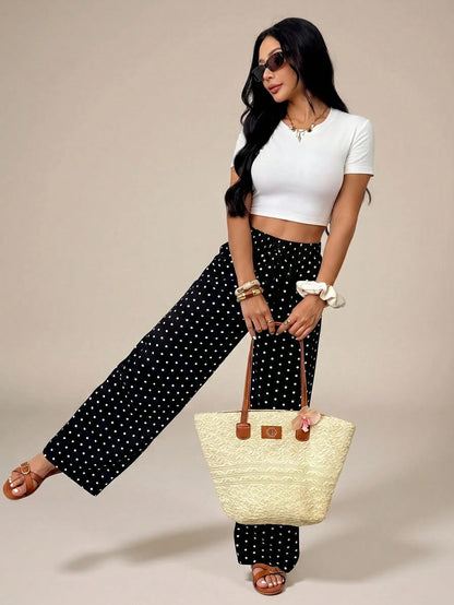 PETITE Women's Polka Dot Print Tie-Knot Casual Loose Pants, High Waist Wide Leg Draped Pants, Slim Fit, New Autumn Style, Picnic Vacation Beachwear Wear