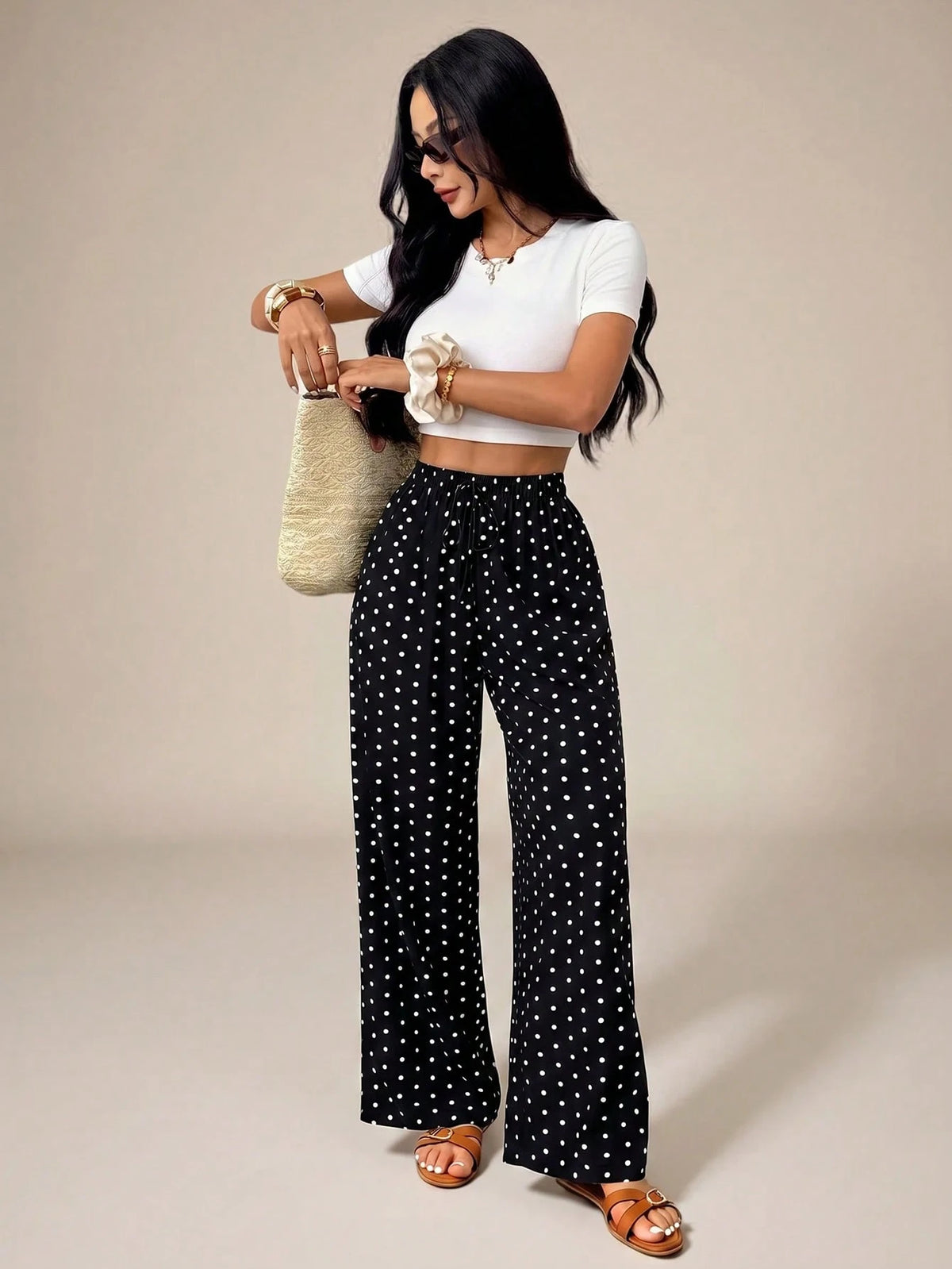 PETITE Women's Polka Dot Print Tie-Knot Casual Loose Pants, High Waist Wide Leg Draped Pants, Slim Fit, New Autumn Style, Picnic Vacation Beachwear Wear