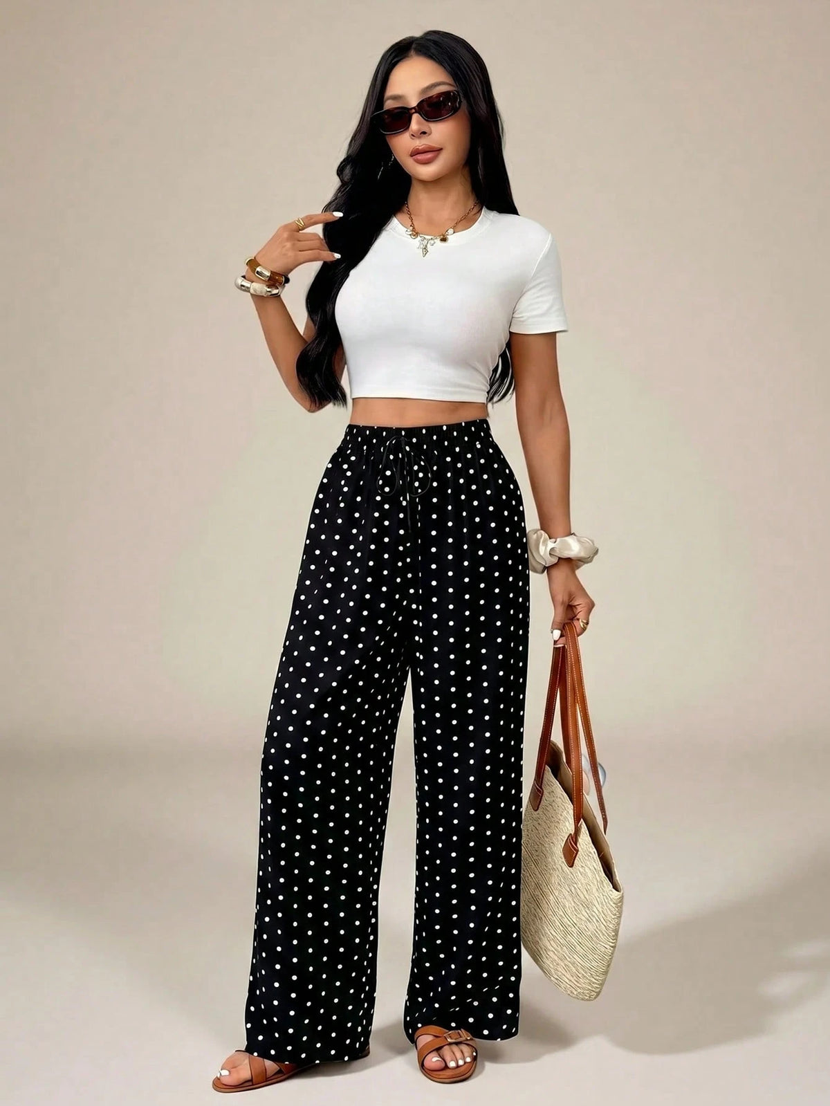 PETITE Women's Polka Dot Print Tie-Knot Casual Loose Pants, High Waist Wide Leg Draped Pants, Slim Fit, New Autumn Style, Picnic Vacation Beachwear Wear