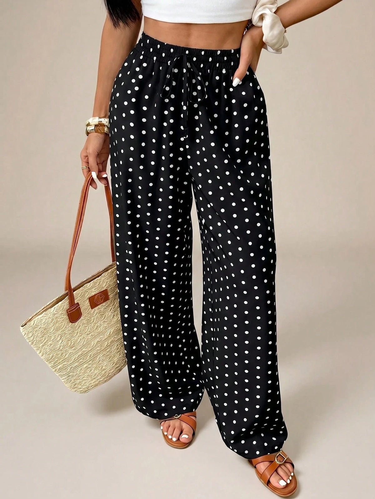 PETITE Women's Polka Dot Print Tie-Knot Casual Loose Pants, High Waist Wide Leg Draped Pants, Slim Fit, New Autumn Style, Picnic Vacation Beachwear Wear