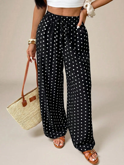 PETITE Women's Polka Dot Print Tie-Knot Casual Loose Pants, High Waist Wide Leg Draped Pants, Slim Fit, New Autumn Style, Picnic Vacation Beachwear Wear