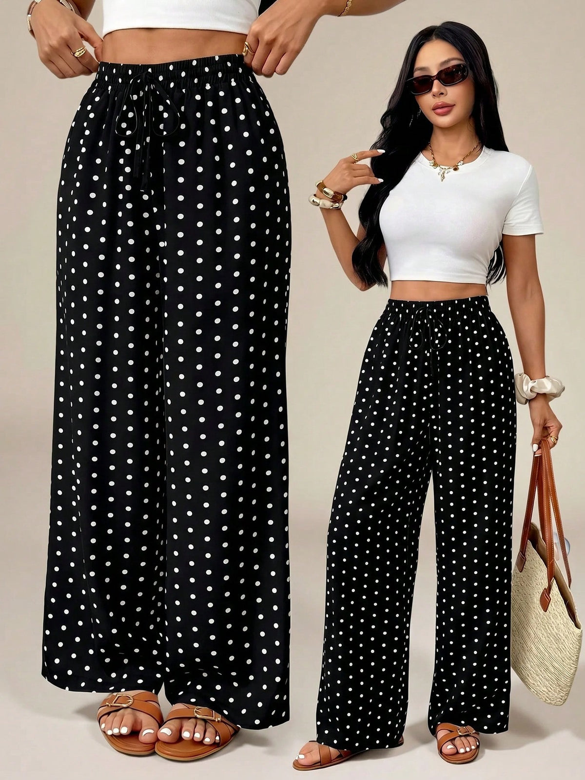 PETITE Women's Polka Dot Print Tie-Knot Casual Loose Pants, High Waist Wide Leg Draped Pants, Slim Fit, New Autumn Style, Picnic Vacation Beachwear Wear