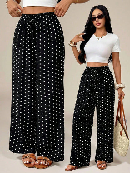PETITE Women's Polka Dot Print Tie-Knot Casual Loose Pants, High Waist Wide Leg Draped Pants, Slim Fit, New Autumn Style, Picnic Vacation Beachwear Wear