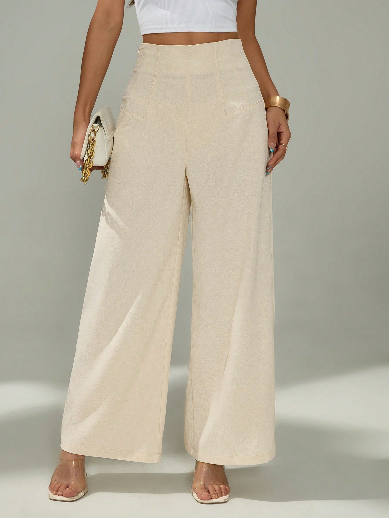 PETITE Women's Simple Casual Fashion Back-To-School Season Old Money Commuting High-Waist Texture Wide-Leg Trousers,Petite Women