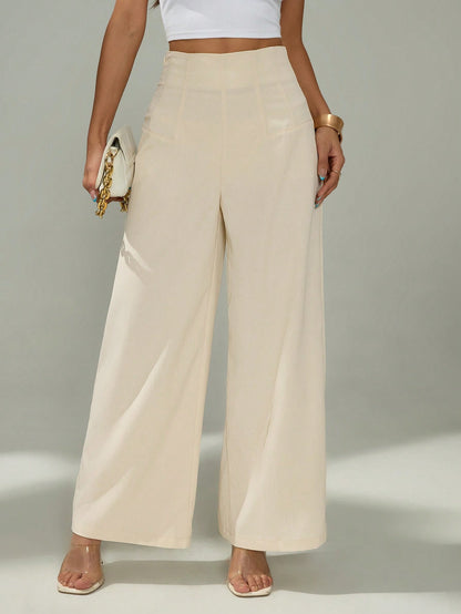 PETITE Women's Simple Casual Fashion Back-To-School Season Old Money Commuting High-Waist Texture Wide-Leg Trousers,Petite Women