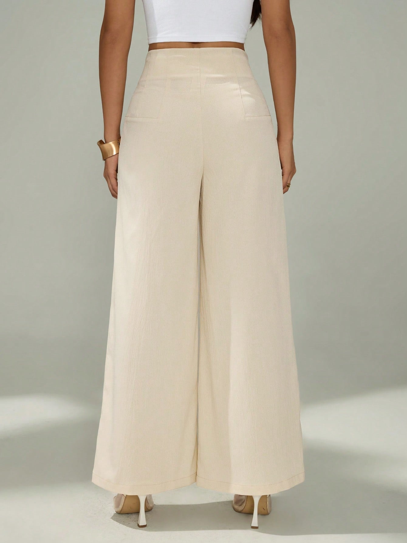 PETITE Women's Simple Casual Fashion Back-To-School Season Old Money Commuting High-Waist Texture Wide-Leg Trousers,Petite Women