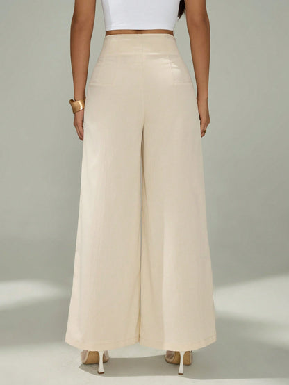 PETITE Women's Simple Casual Fashion Back-To-School Season Old Money Commuting High-Waist Texture Wide-Leg Trousers,Petite Women
