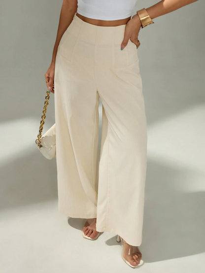 PETITE Women's Simple Casual Fashion Back-To-School Season Old Money Commuting High-Waist Texture Wide-Leg Trousers,Petite Women