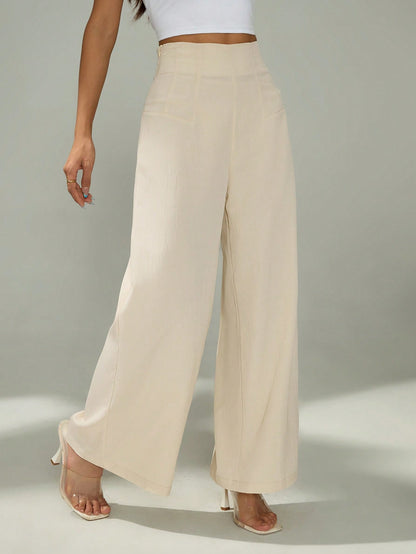 PETITE Women's Simple Casual Fashion Back-To-School Season Old Money Commuting High-Waist Texture Wide-Leg Trousers,Petite Women