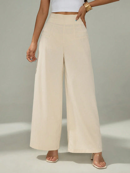 PETITE Women's Simple Casual Fashion Back-To-School Season Old Money Commuting High-Waist Texture Wide-Leg Trousers,Petite Women