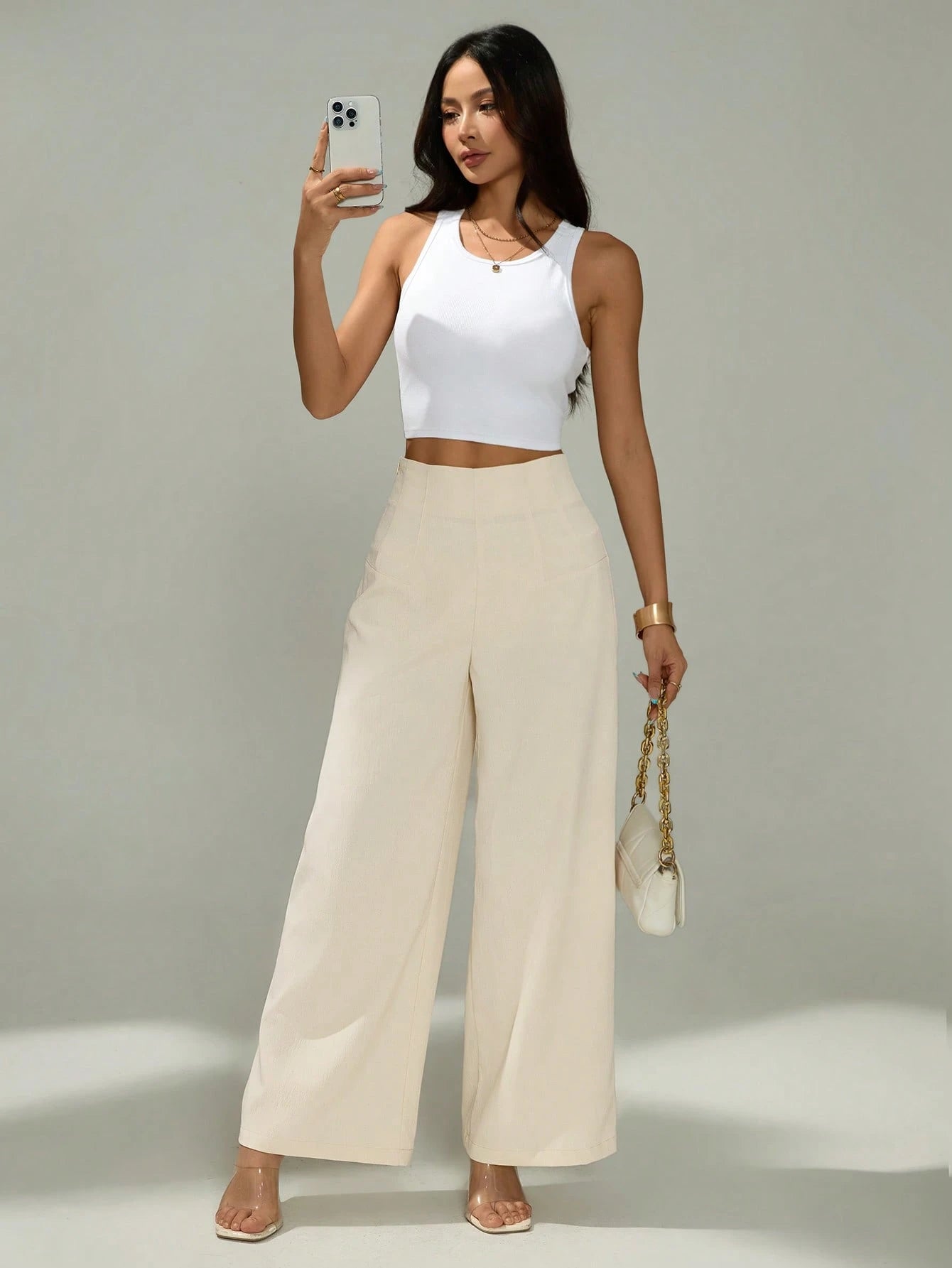PETITE Women's Simple Casual Fashion Back-To-School Season Old Money Commuting High-Waist Texture Wide-Leg Trousers,Petite Women