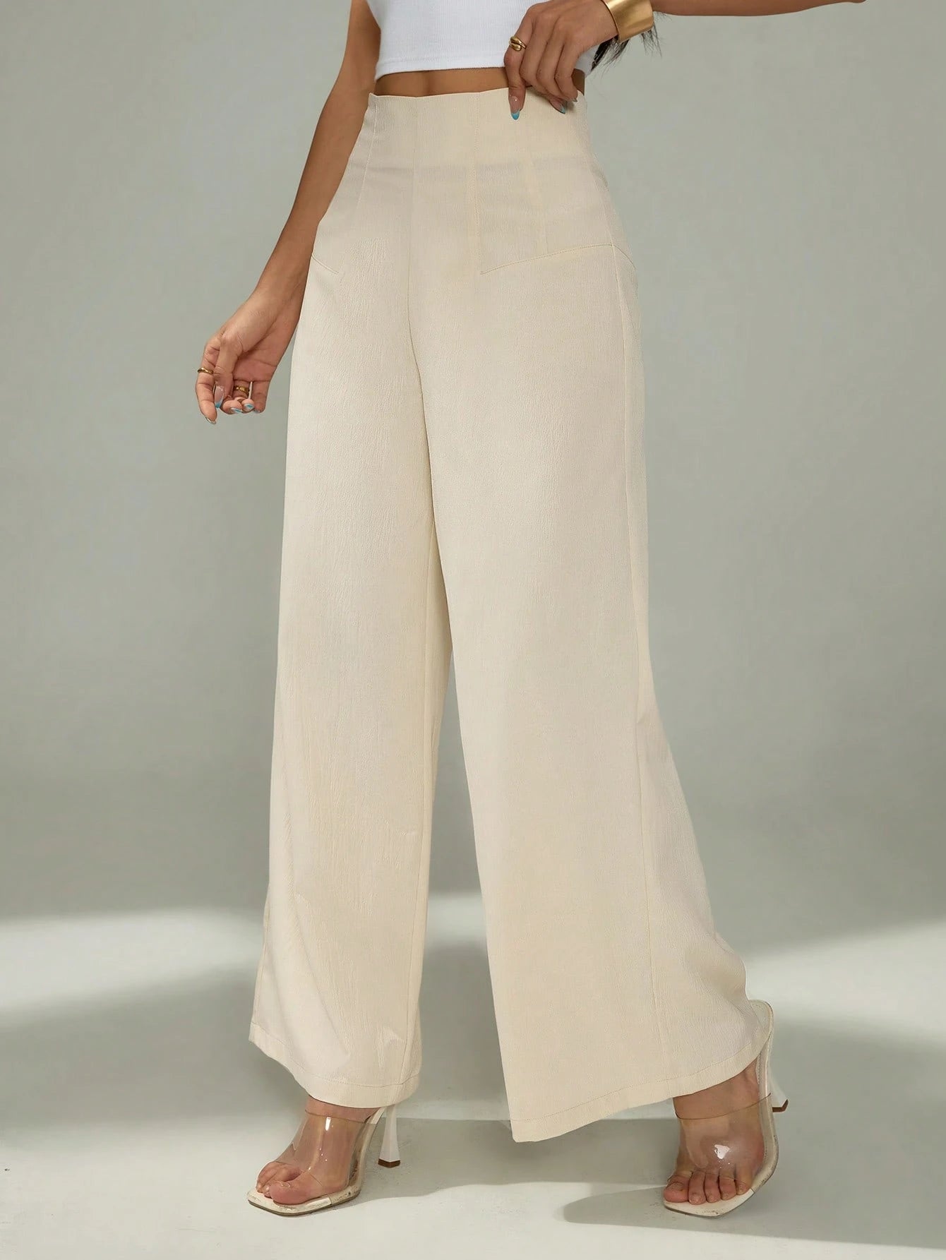 PETITE Women's Simple Casual Fashion Back-To-School Season Old Money Commuting High-Waist Texture Wide-Leg Trousers,Petite Women