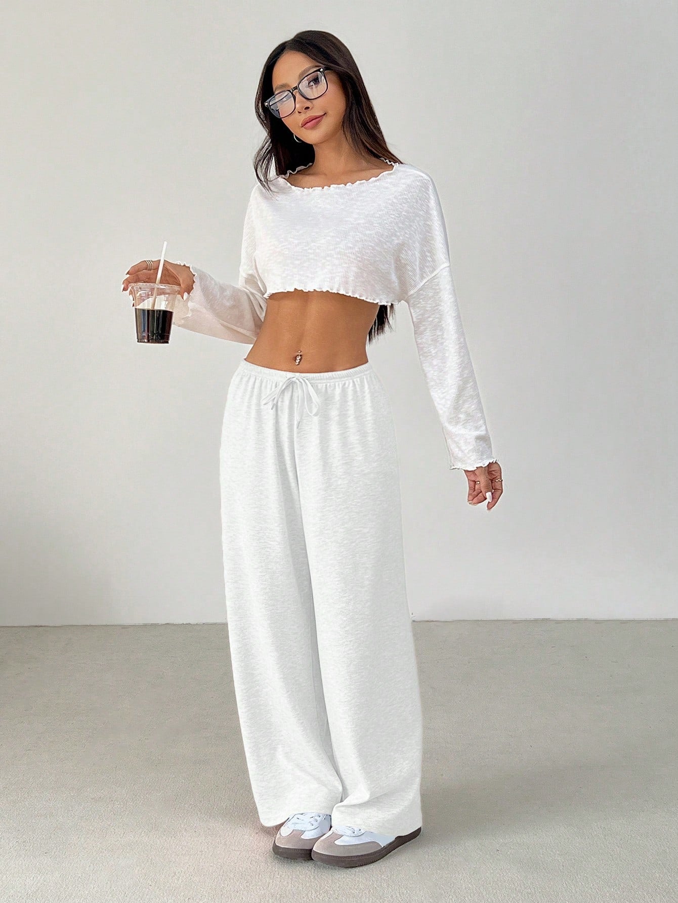 PETITE Women's Solid Color Drawstring Waist Soft Knit Loose Casual Pants, Fall/Winter, Baggy Pants,Petite Women