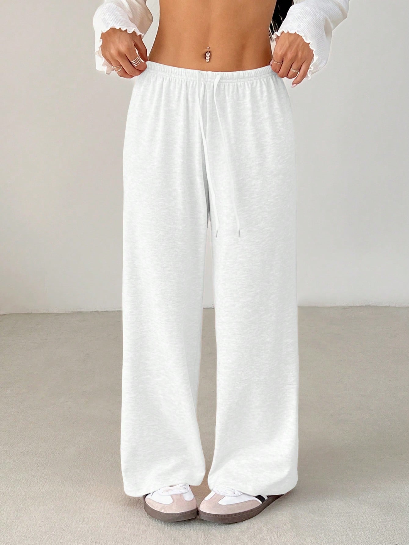 PETITE Women's Solid Color Drawstring Waist Soft Knit Loose Casual Pants, Fall/Winter, Baggy Pants,Petite Women