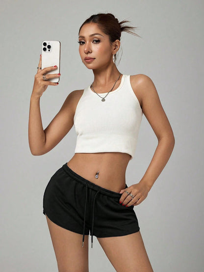 PETITE Women's Solid Color Elastic Waist Loose Casual Sporty Shorts Gym Black Summer Lounge Gym Gym Gym