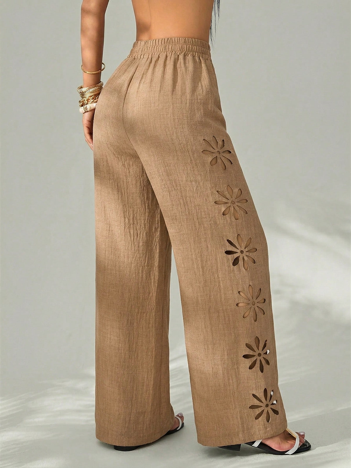 PETITE Women's Vacation Casual Solid Color Hollow-Out Long Pants Winter Black,Petite Women