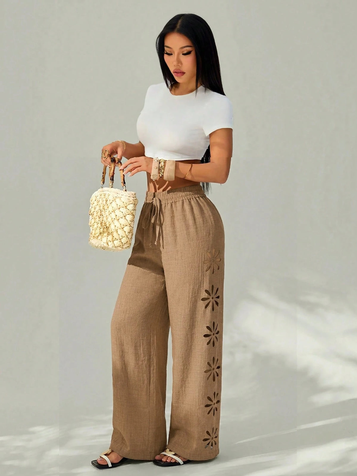 PETITE Women's Vacation Casual Solid Color Hollow-Out Long Pants Winter Black,Petite Women