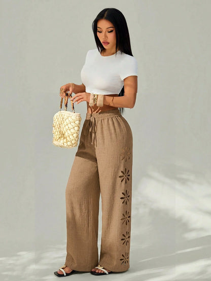 PETITE Women's Vacation Casual Solid Color Hollow-Out Long Pants Winter Black,Petite Women