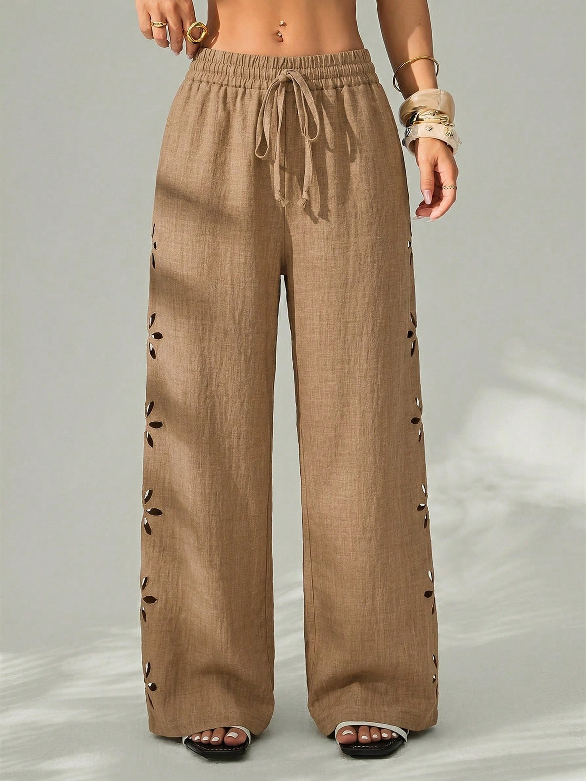 PETITE Women's Vacation Casual Solid Color Hollow-Out Long Pants Winter Black,Petite Women