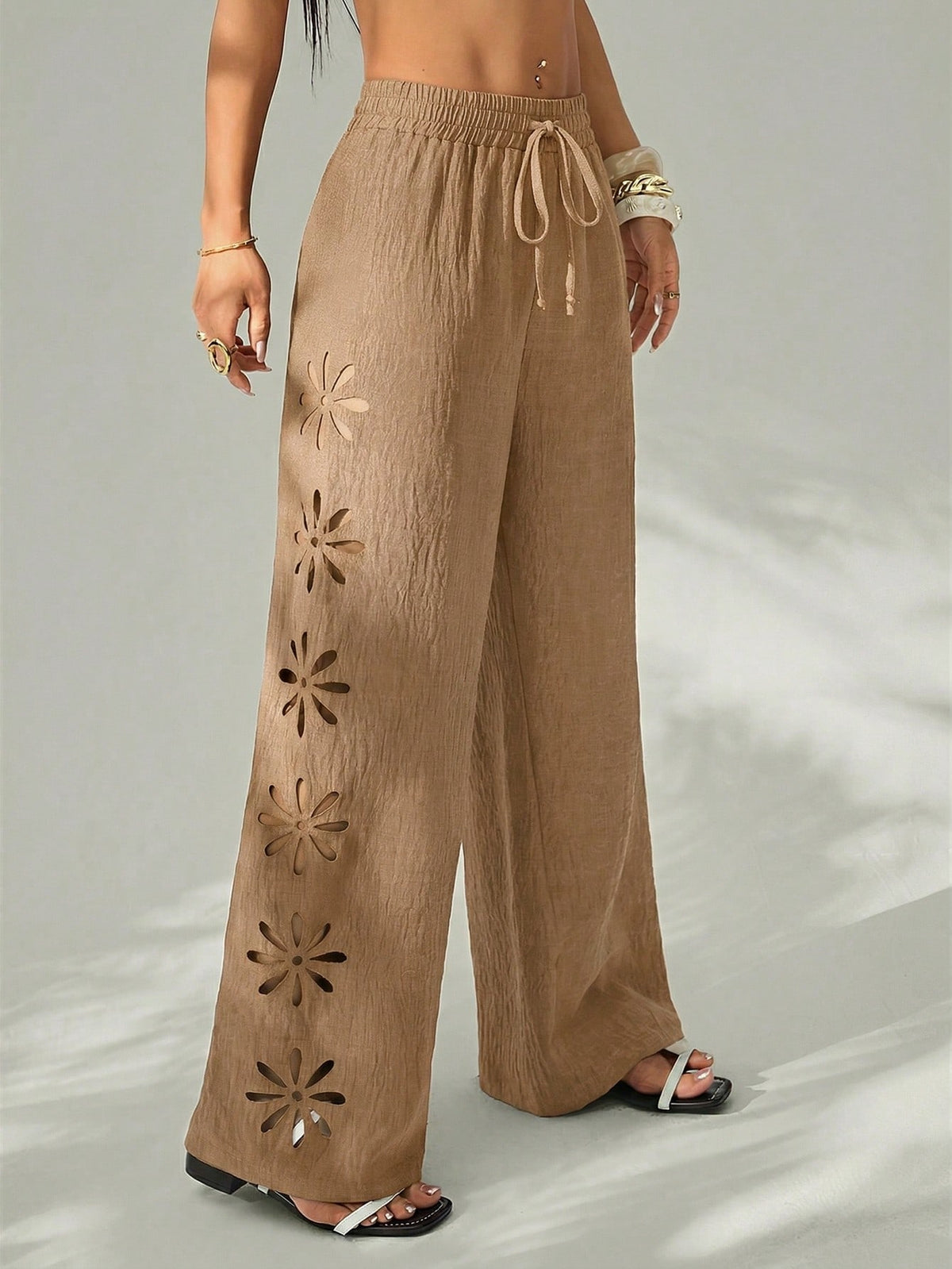 PETITE Women's Vacation Casual Solid Color Hollow-Out Long Pants Winter Black,Petite Women