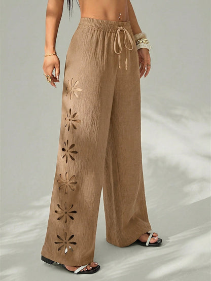 PETITE Women's Vacation Casual Solid Color Hollow-Out Long Pants Winter Black,Petite Women