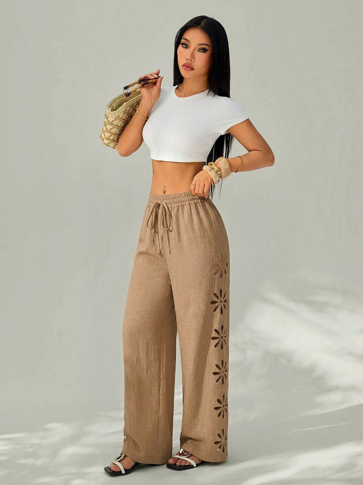 PETITE Women's Vacation Casual Solid Color Hollow-Out Long Pants Winter Black,Petite Women