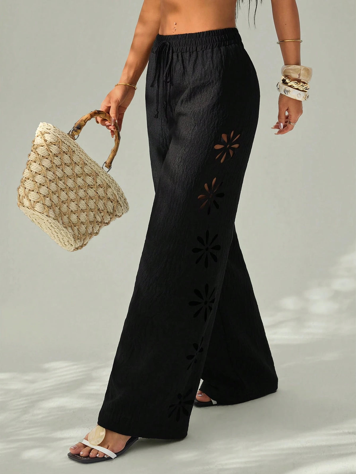 PETITE Women's Vacation Casual Solid Color Hollow-Out Long Pants Winter Black,Petite Women
