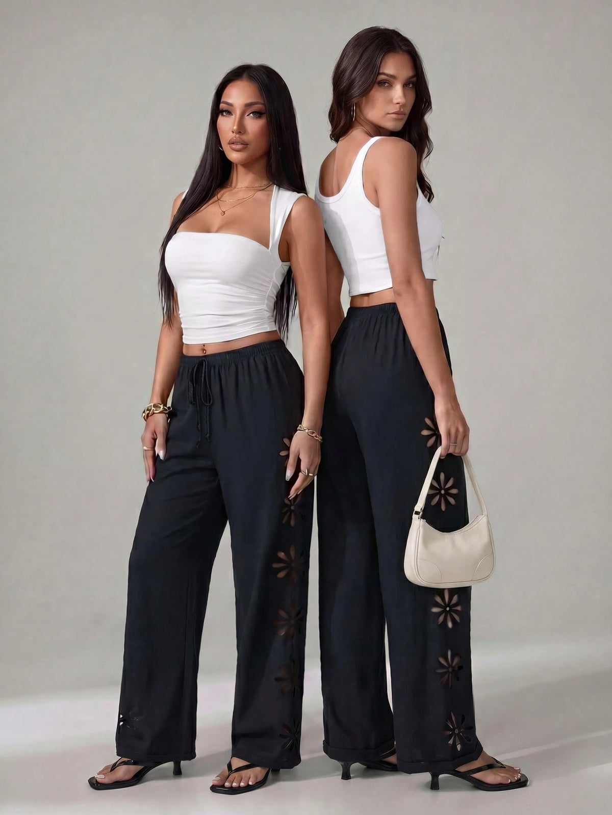 PETITE Women's Vacation Casual Solid Color Hollow-Out Long Pants Winter Black,Petite Women