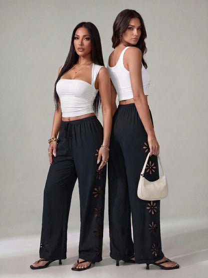 PETITE Women's Vacation Casual Solid Color Hollow-Out Long Pants Winter Black,Petite Women