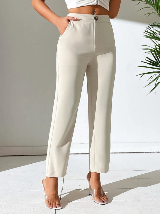 PETITE Women Solid Color Daily Wear Button Front Pants,Petite Women