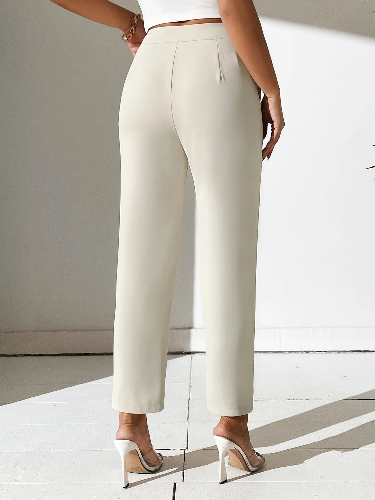PETITE Women Solid Color Daily Wear Button Front Pants,Petite Women