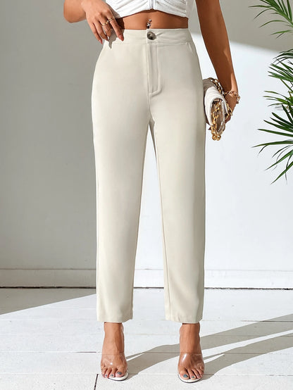 PETITE Women Solid Color Daily Wear Button Front Pants,Petite Women