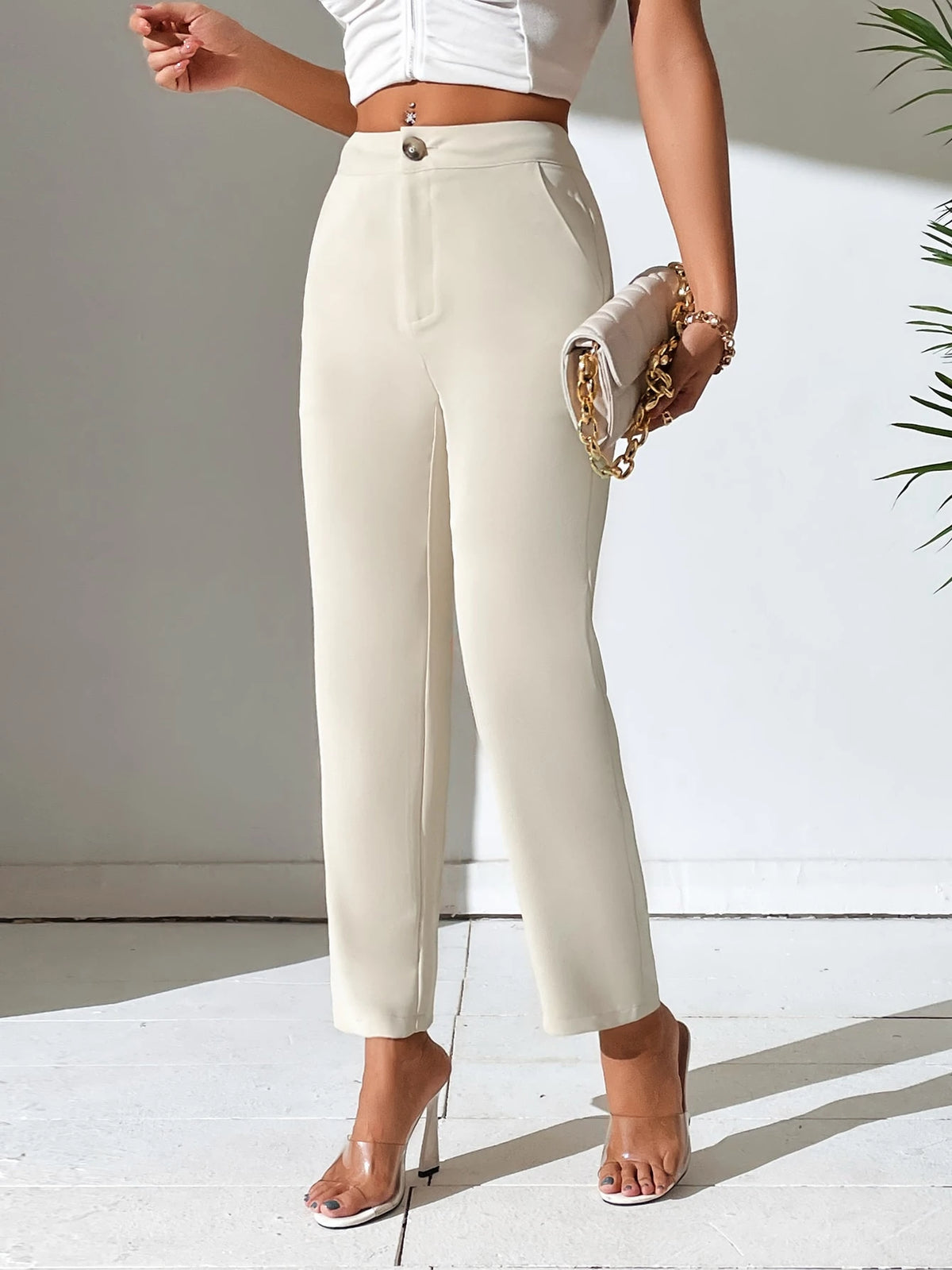 PETITE Women Solid Color Daily Wear Button Front Pants,Petite Women