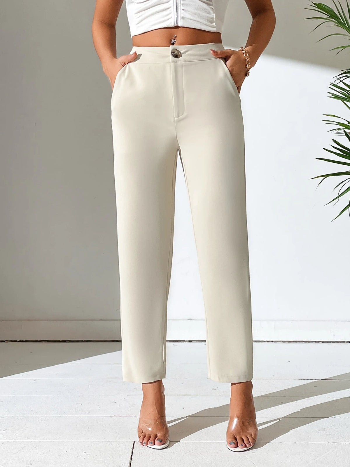 PETITE Women Solid Color Daily Wear Button Front Pants,Petite Women