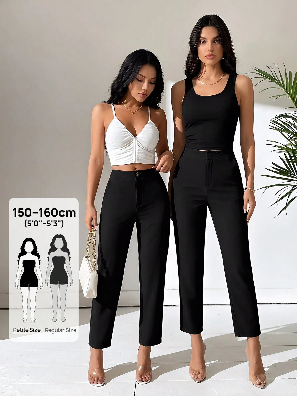 PETITE Women Solid Color Daily Wear Button Front Pants,Petite Women