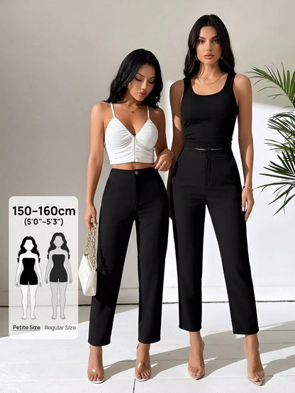 PETITE Women Solid Color Daily Wear Button Front Pants,Petite Women