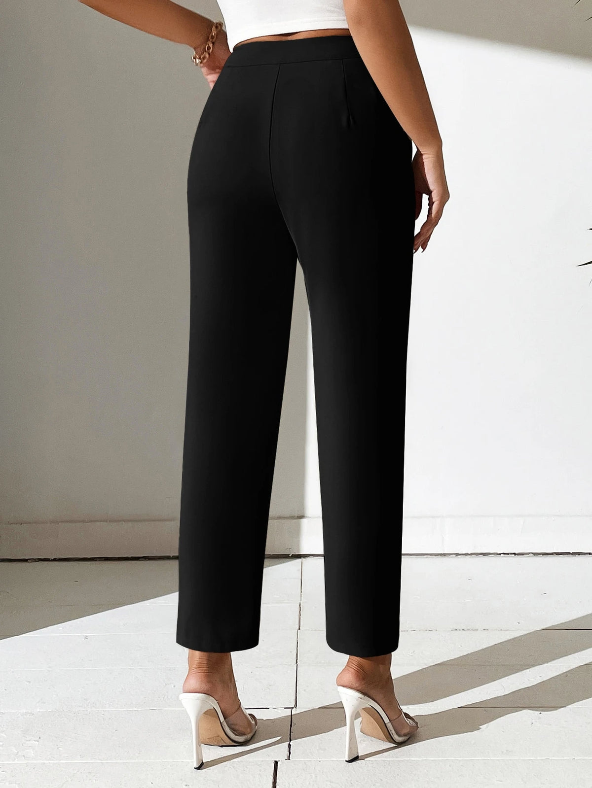 PETITE Women Solid Color Daily Wear Button Front Pants,Petite Women