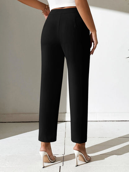 PETITE Women Solid Color Daily Wear Button Front Pants,Petite Women