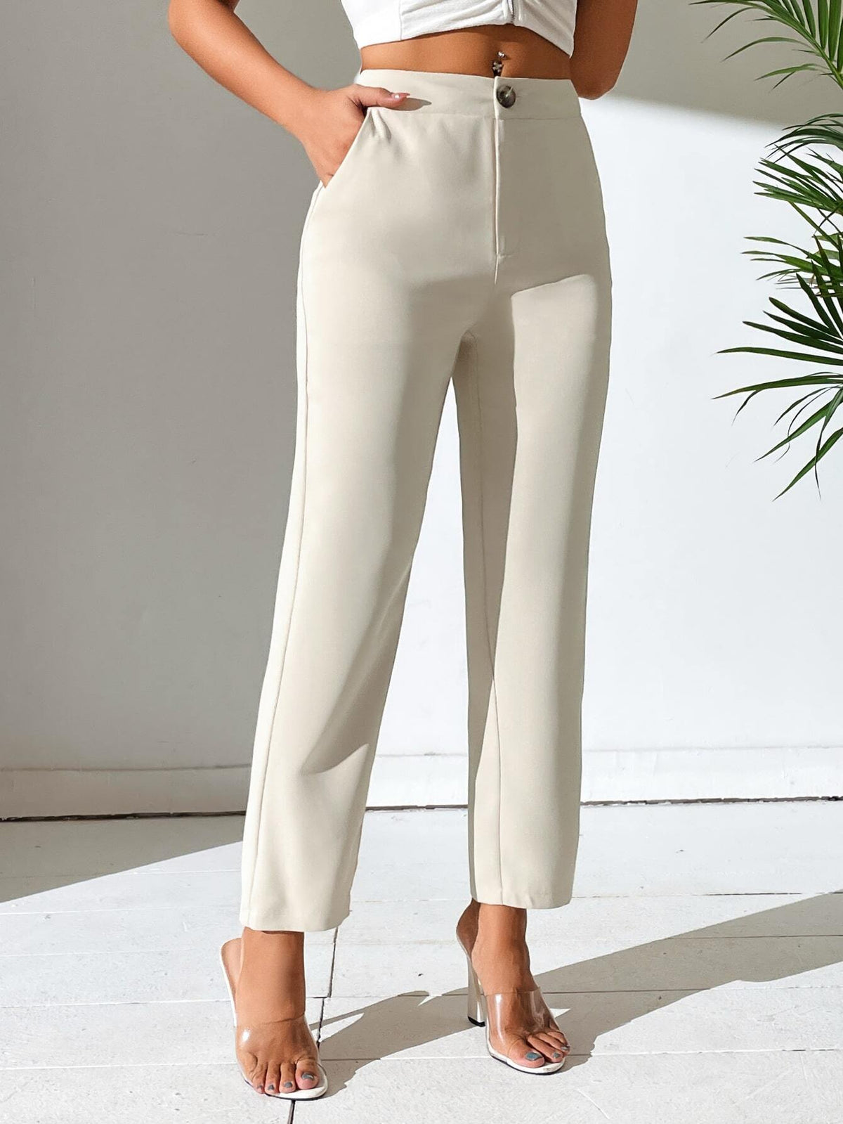 PETITE Women Solid Color Daily Wear Button Front Pants,Petite Women